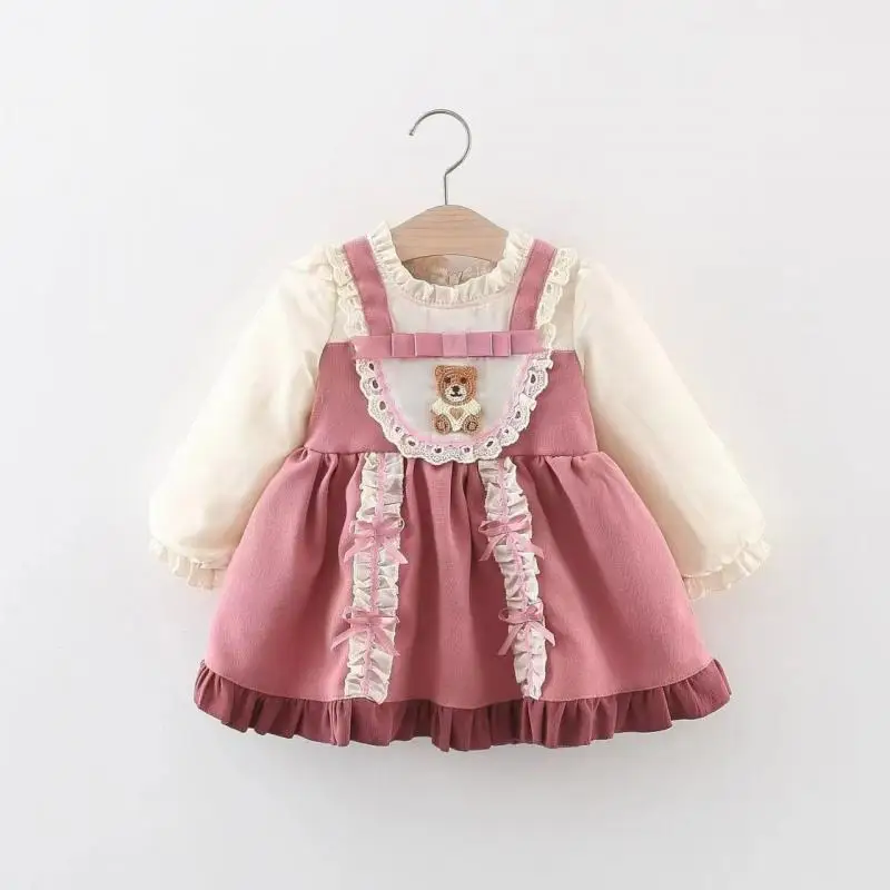 

2024 Kids Dress for Girls Children's Christmas Clothes Infants Girl Cartoon Bear Lace Dresses Toddlers Birthday Party Clothing