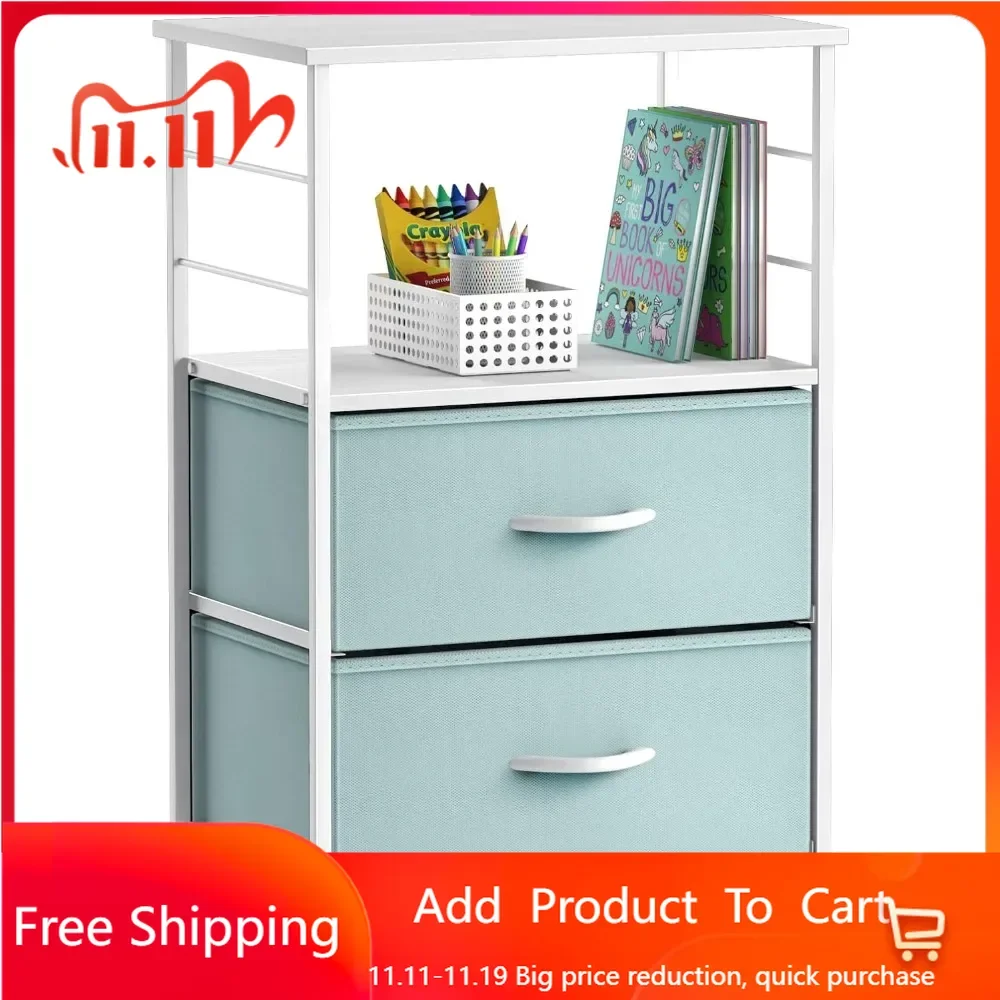 2 Drawer Shelf Storage Nightstand-Kids Bedside Furniture End Table Night Stand with Steel Frame Wood Top