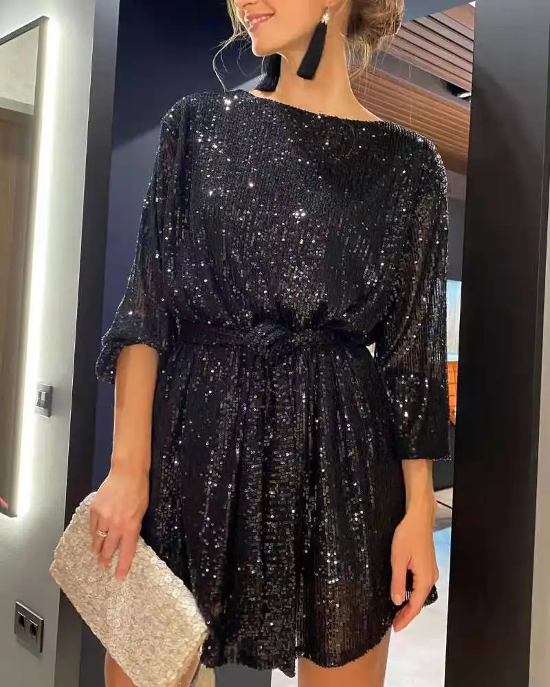 

Cutistation Sparkly Black Sequin Dress Women Fall Winter 2022 Batwing Sleeve Slash Neck Glitter Dresses Elegant Party Outfits