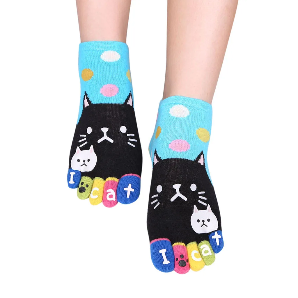 Women Socks Harajuku Letter Cute Cats Patchwork Dot Cotton Kawaii Funny Five Finger Socks For Girls Chrismas Gift Toe Calcetines