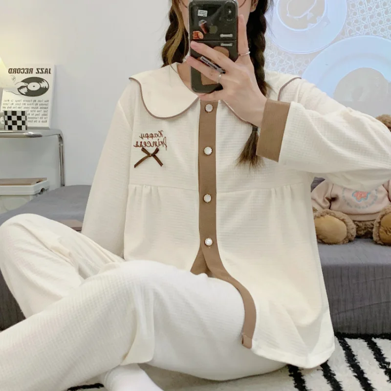 Women's 2 Pieces Pajamas Set 100% Cotton Pyjama Female Pijama Women Homewear Soft Sleepwear Long Sleeve Lapel Shirt Pants Suit