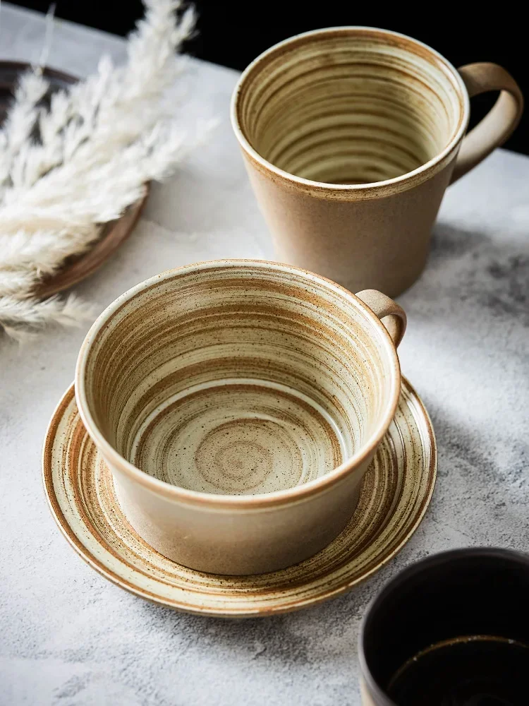 Japanese Style Stoneware Coffee Cup and Saucer Set Handmade Retro Mark Cup 350ml Large Capacity Household Milk Breakfast