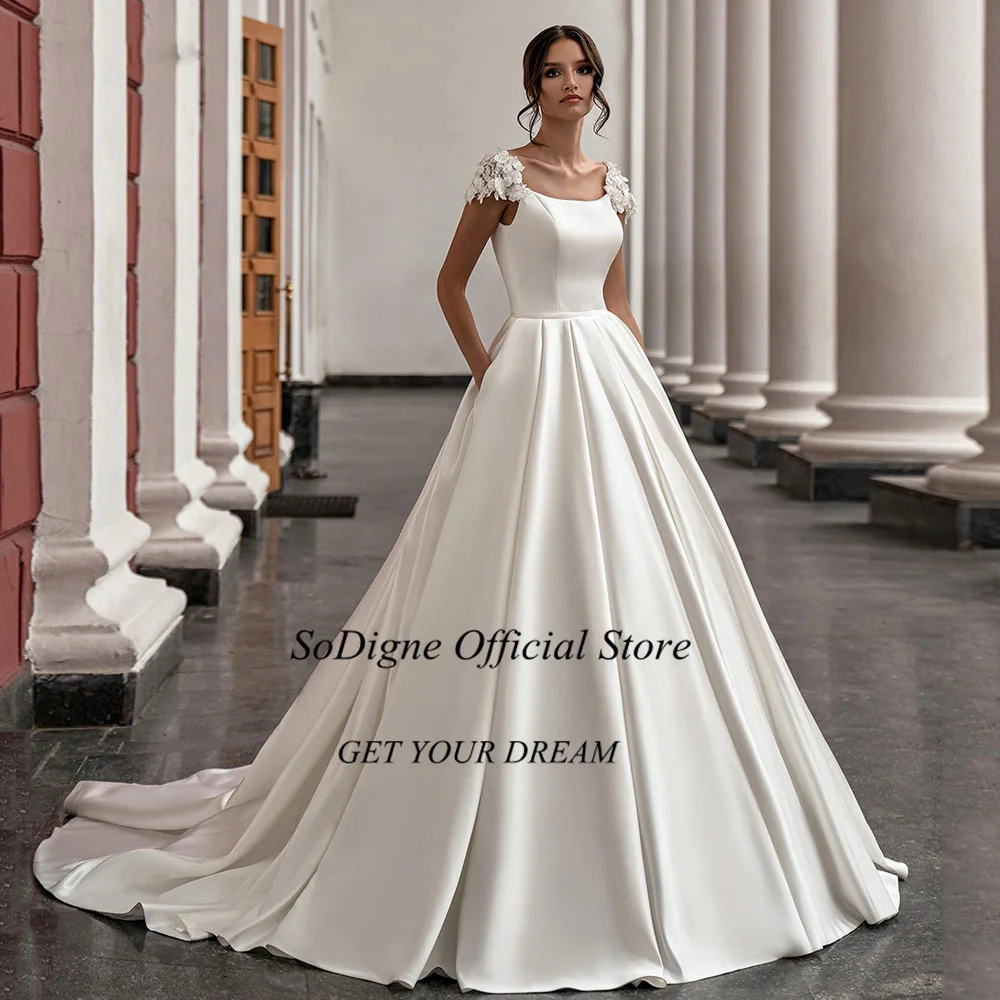 SoDigne Satin Wedding Dress For Women Elegant Cap Sleeves Scoop Neck Flowers Women A-Line Bridal Gown With Pockets Customized 12 S3a3ecc691a2e42cfb4aa8a2baf470e045