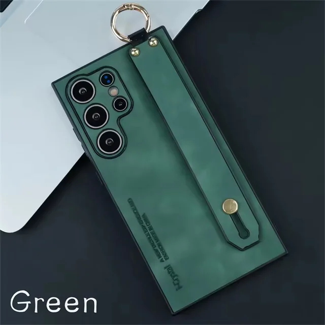 Leather Phone Case with Wristband Holder and Silicone Bumper Ring Buckle Bracket Cover