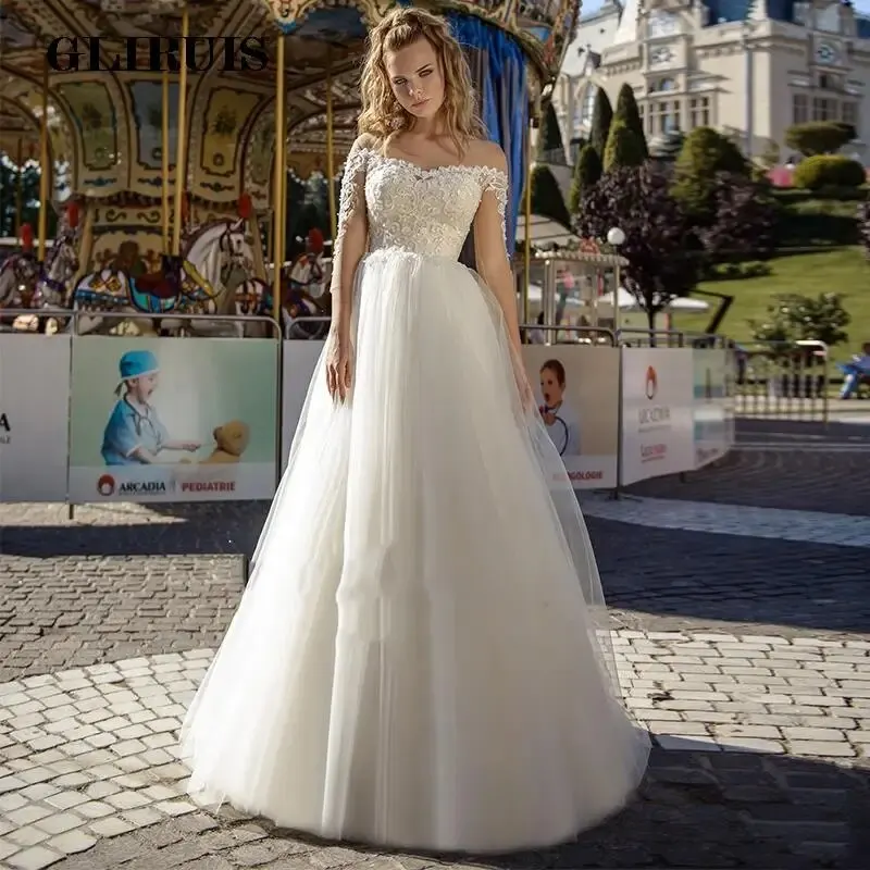 

Gorgeous Lace Boho Wedding Dresses 3/4 Sleeves Bride Gown Sheer O-Neck Appliqued Wedding Party Gowns Plus Size Bride