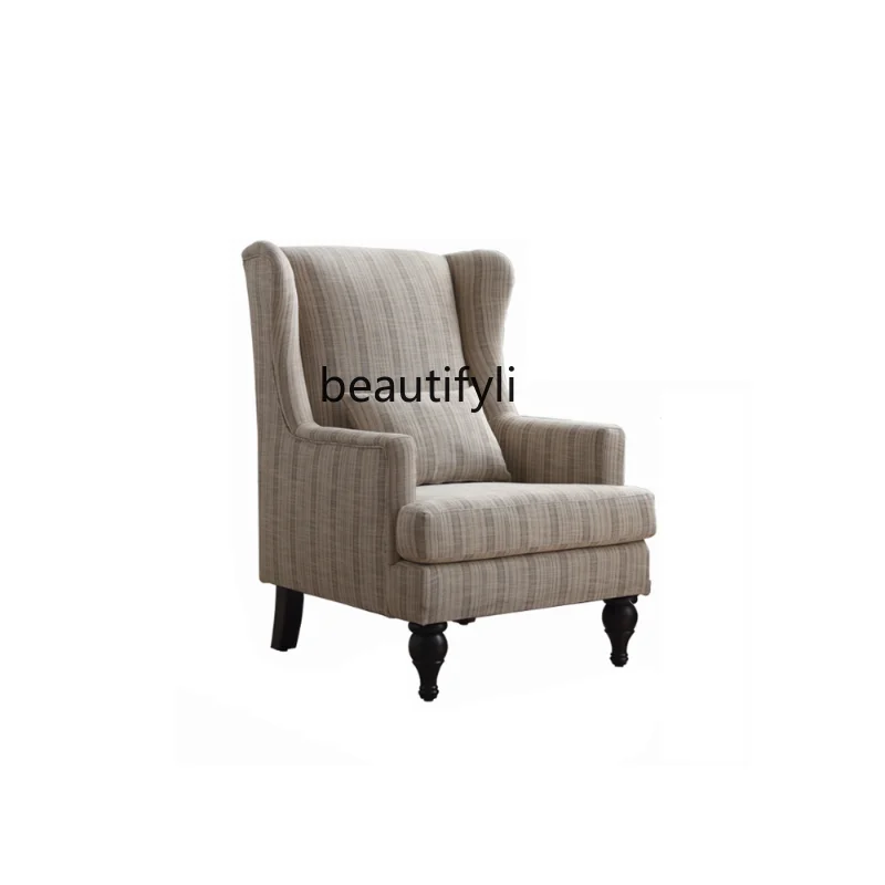 

American Country Cotton and Linen Fabric Wingback Chair Living Room Striped High Backrest Solid Wood Balcony Leisure Couch