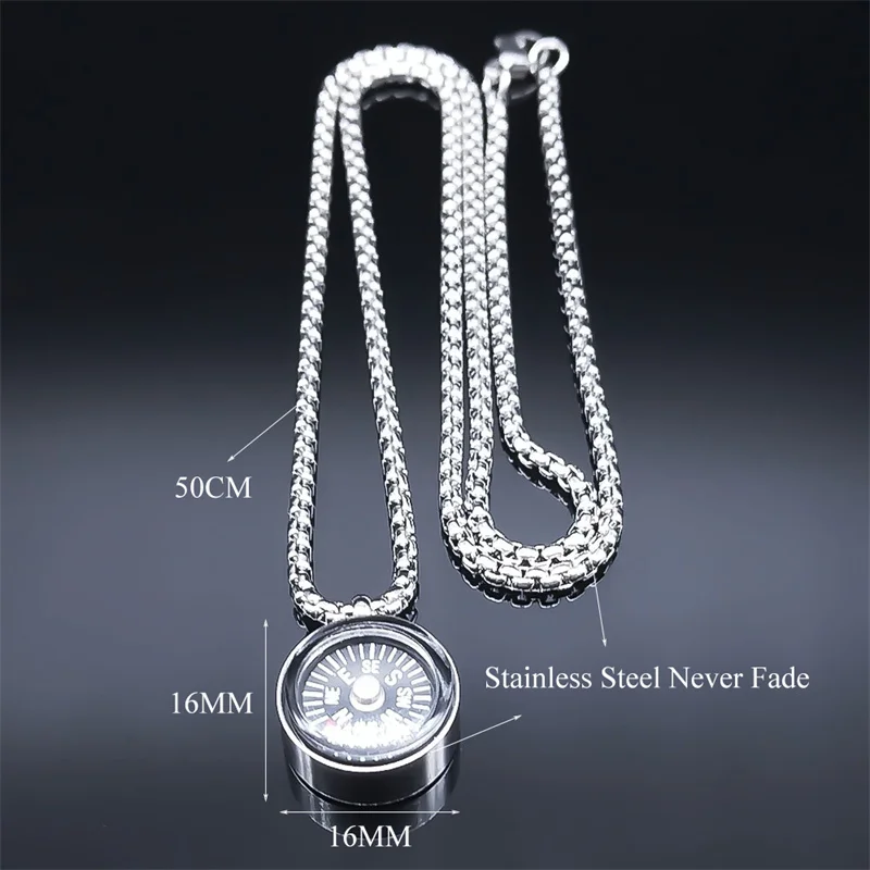 Trendige Kompass-Anhänger-Halskette für Damen/Herren, Edelstahl, silberfarben, Halsketten, Weihnachtsgeschenke, Schmuck, Colar Feminino – Detail 1