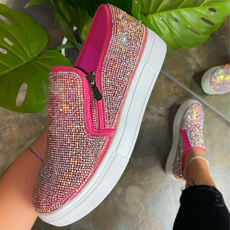 

Woman Sneakers Platform Vulcanized Shoes Women Shiny Diamond Loafers Autumn Women's Casual Flats Female Zipper Sport