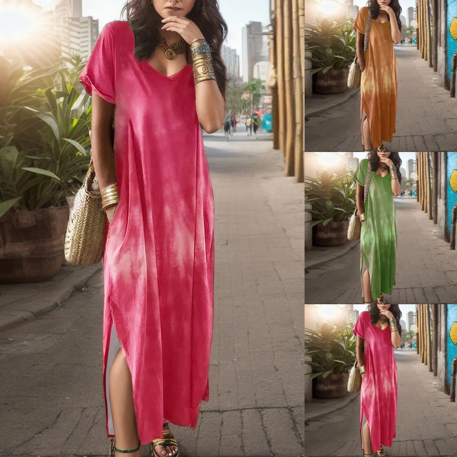 

Ladies Pocket Tie Dye Gradient Print Casual Loose Short Sleeve Dress Tunic Shirt Dress Maxi Sundresses for Women