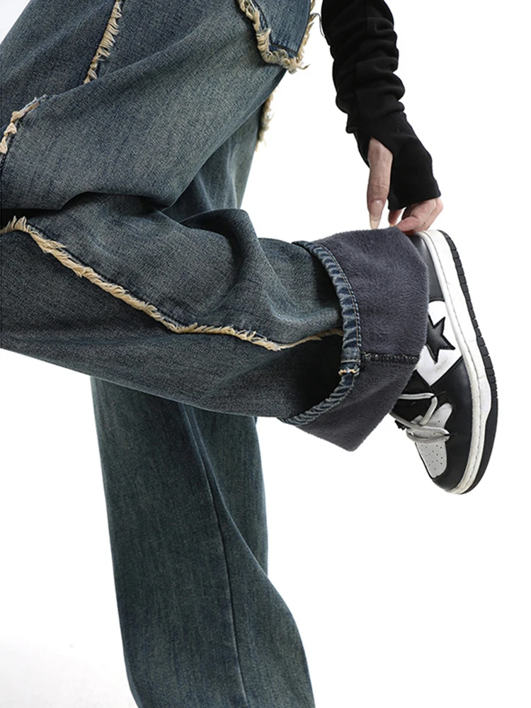 

American Style Retro Tassel Patchwork Women Jean Trousers Autumn Winter High Waist Loose Wide Leg Denim Pants Harajuku Vintage