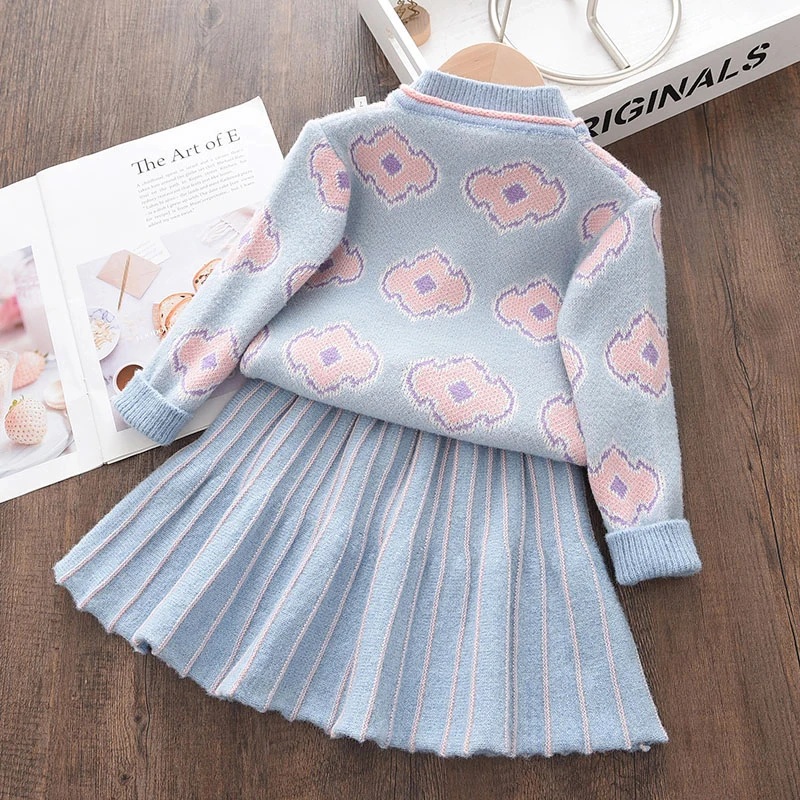 Melario Floral Girls Baby Knitted Clothes Sets Fashion Winter Sweaters Tops Ruffles Skirt Outfits Beading Children Clothes Suit