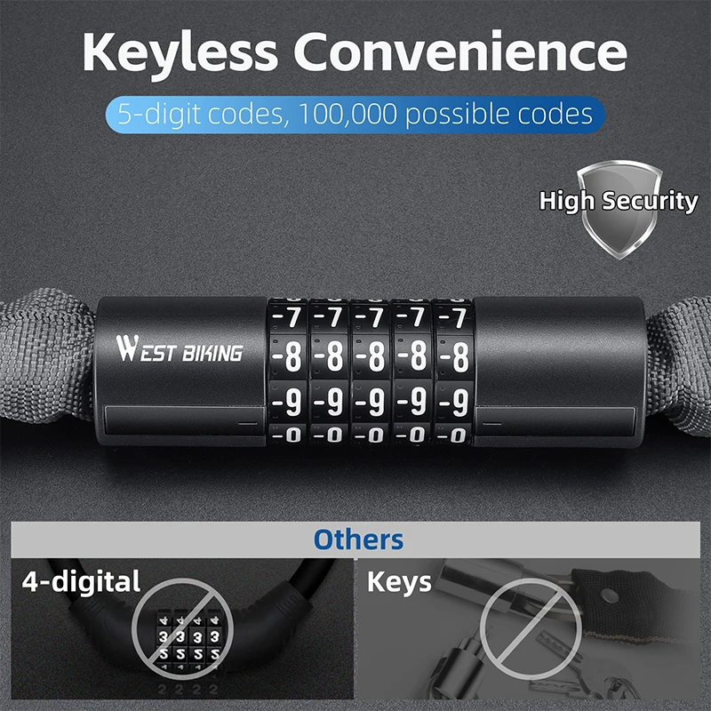 WEST BIKING Bicycle Anti-Theft Lock 5 Digits Combination Password Lock Bike Safe Chain Lock Scooter MTB Road E-Bike Accessories