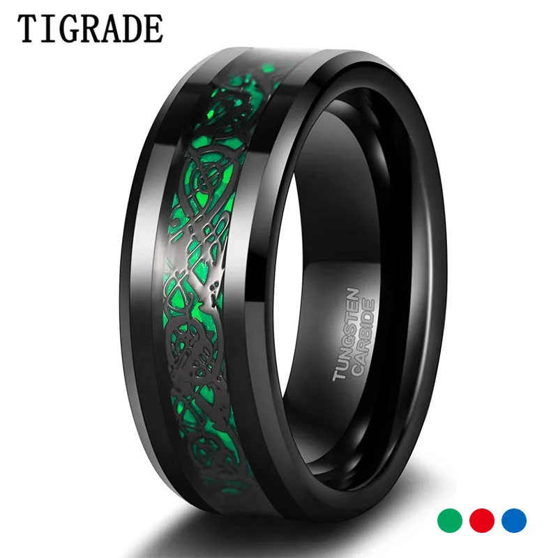 

Tigrade 8mm Tungsten Black Ring for Men Celtic Dragon Inlay Red/Green Mens Wedding Bands Male Comfort Fit Size 7-13
