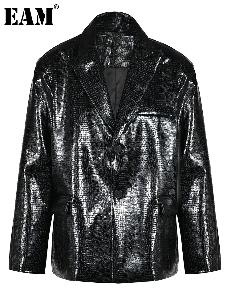

[EAM] Women Black Pu Leather Big Size Blazer New Lapel Long Sleeve Loose Fit Jacket Fashion Tide Spring Autumn 2023 1DH1461