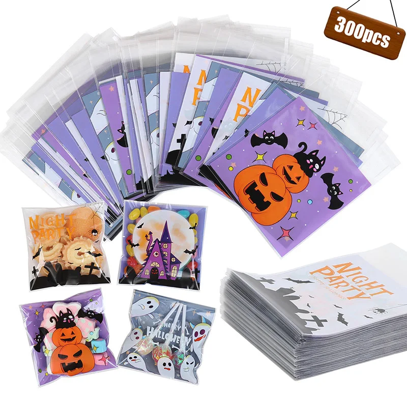 100-300Pcs Halloween Süßigkeiten Taschen Selbstklebende Kunststoff Snack Cookies Geschenk Wrap Tasche Halloween Party Dekoration Lieferungen Kinder geschenk