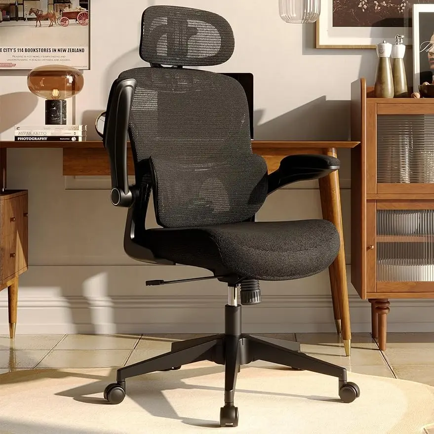 

Mesh Office Chair, High Back Desk Chair with Adjustable Lumbar Support, Flip-Up Arm, Headrest, Swivel Rolling Wheel, Big and Tal
