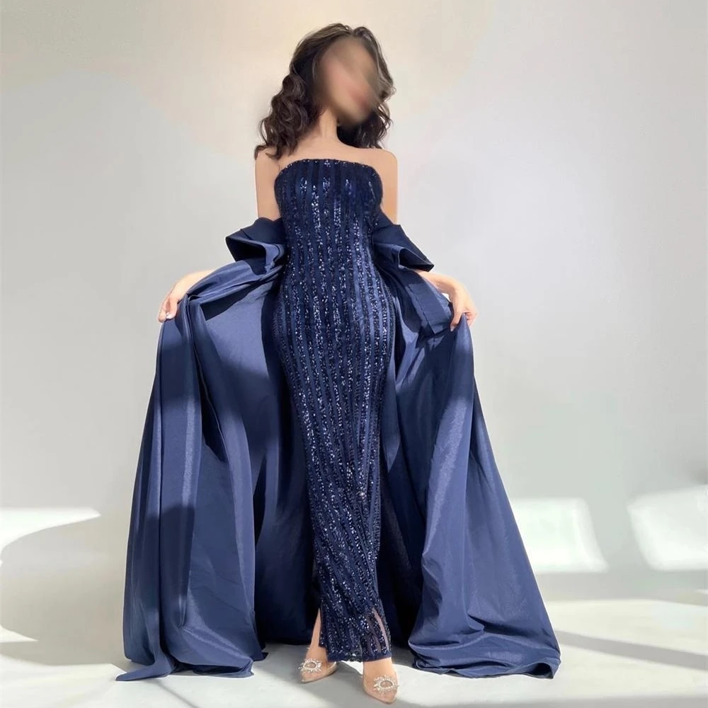 

Prom Dresses Fashion Strapless Sheath Party Dress Floor Length Court Stole Sequin Off the Shoulder Satin Formal Evening Gowns