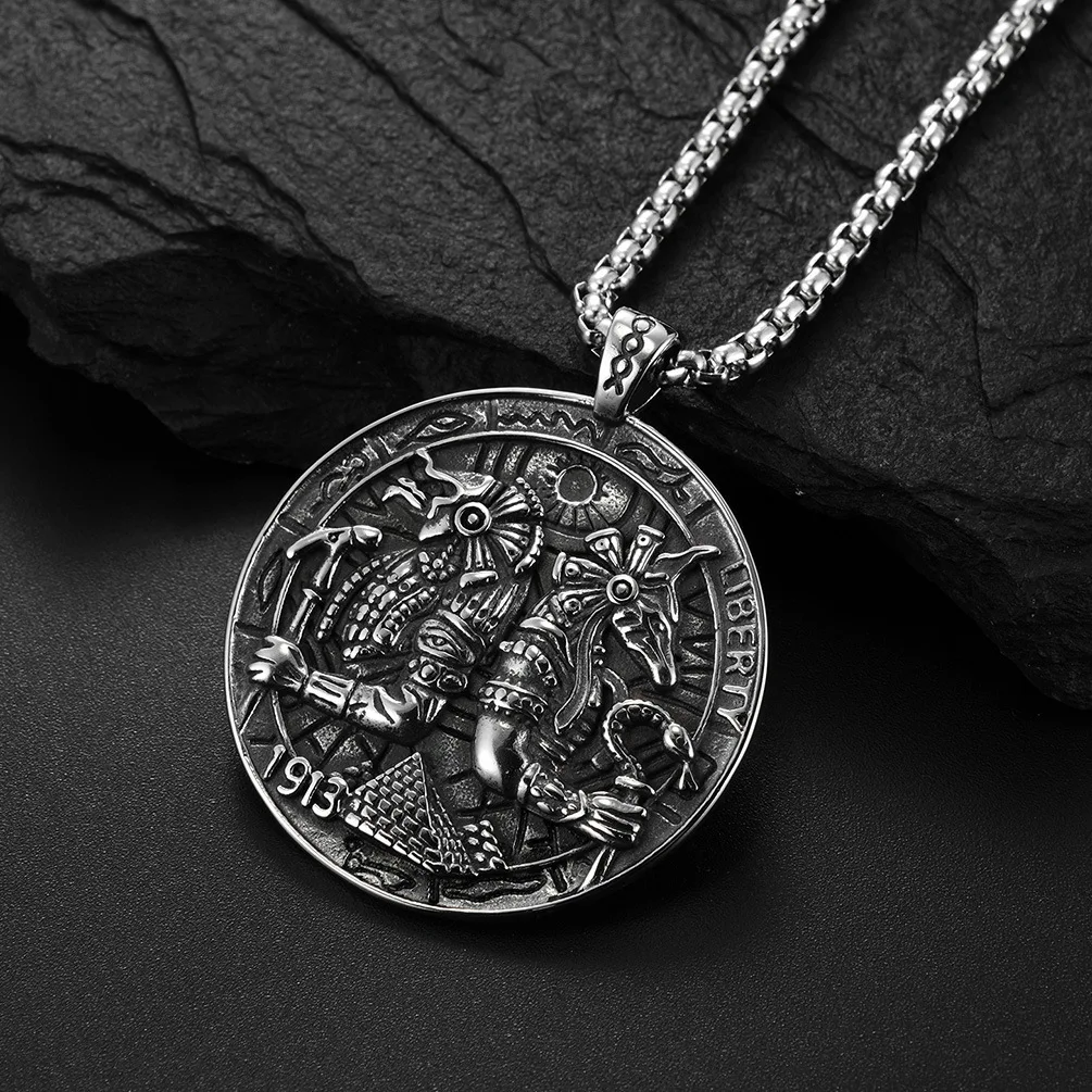 PSJ Fashion Jewelry Vintage Egyptian Death God Anubis Round Pendant Titanium Stainless Steel Necklaces for Men