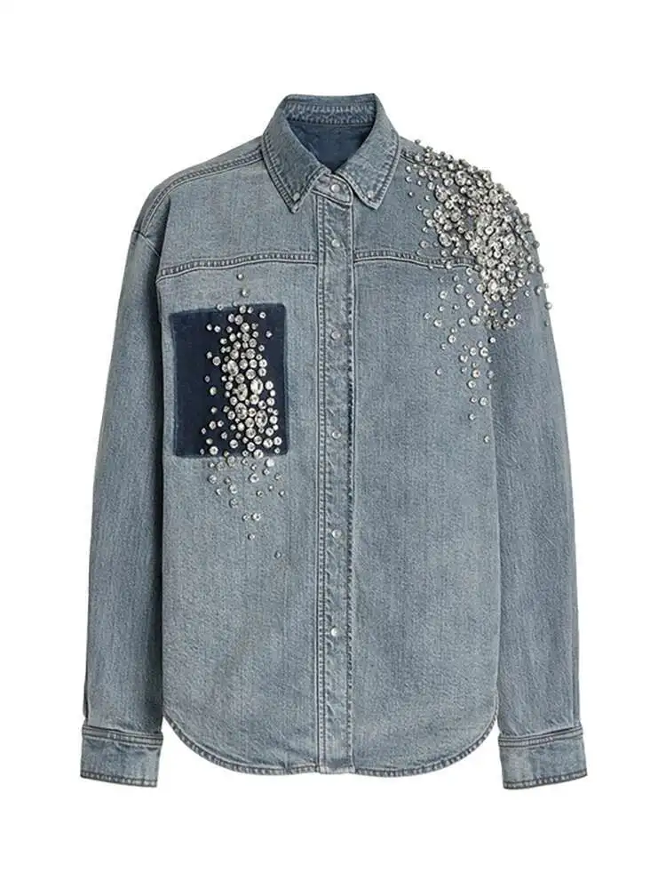 DEAT Women's Denim Shirt Patchwork Single Pocket Panelled