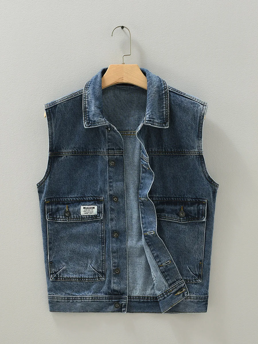 

9011 Japan Style High Quality Denim Vest Spring Fall Fashion Solid Color Multiple Pockets Sleeveless Blue Waistcoats Casual Tops