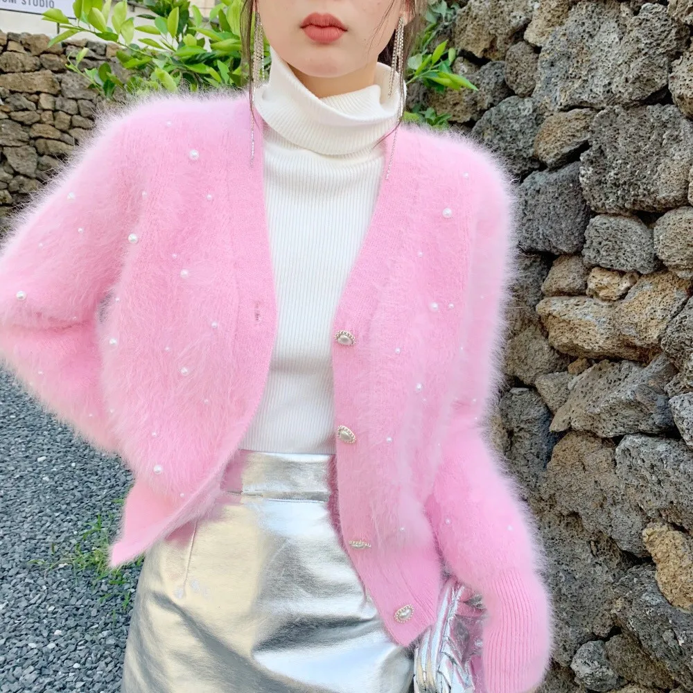 

Pretty Color Winter New Retro Pearl V-neck Lantern Sleeves Thickened Warm Mink Fleece Sweater Cardigan Coat