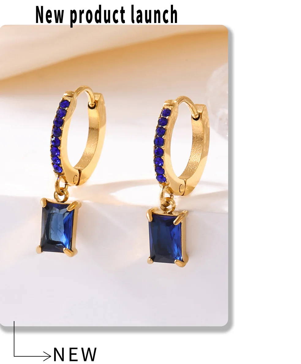 Exquisite Edelstahl Ohrringe für Frauen Quadrat Zirkon Anhänger Wasserdicht Vergoldet Luxus Ohr Hoop OL Schmuck – Detail 9