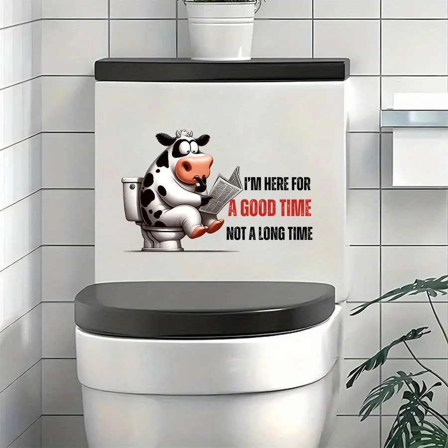Funny Cow Reading Newspaper on Toilet Quotes Toilet Sticker Seat Tank Bathroom Wall Glass Sticker Decoration
