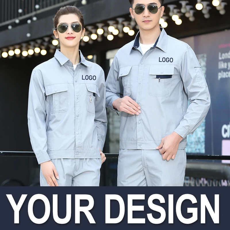 

Long Sleeve Grey Navy Work Unifroms Jacket Coat Pants Custom Logo Printing Embroidery Spring Autumn Clothing Suits WorkWear