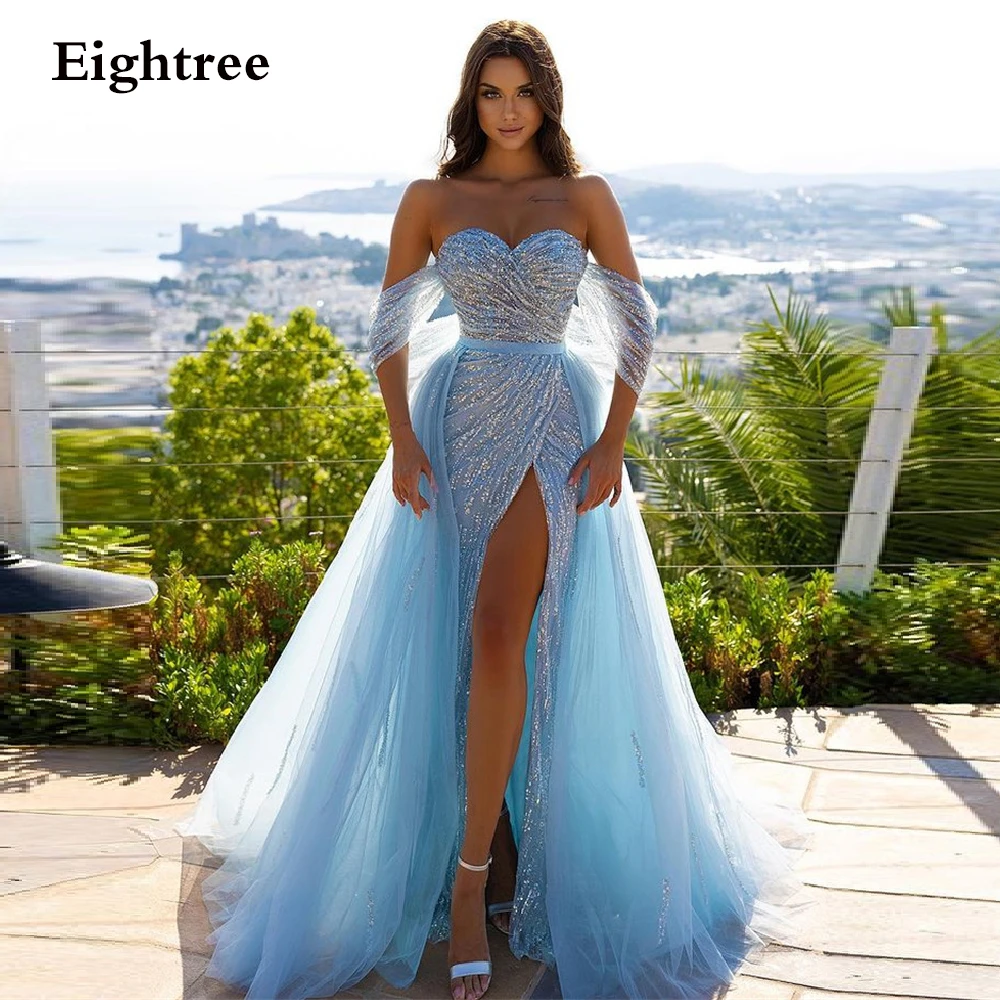 deletrear Llevando Gemidos Vestido de lujo azul cielo brillante con lentejuelas línea A Dubai, vestido  de fiesta de noche Formal con hombros descubiertos y abertura lateral alta|  | - AliExpress