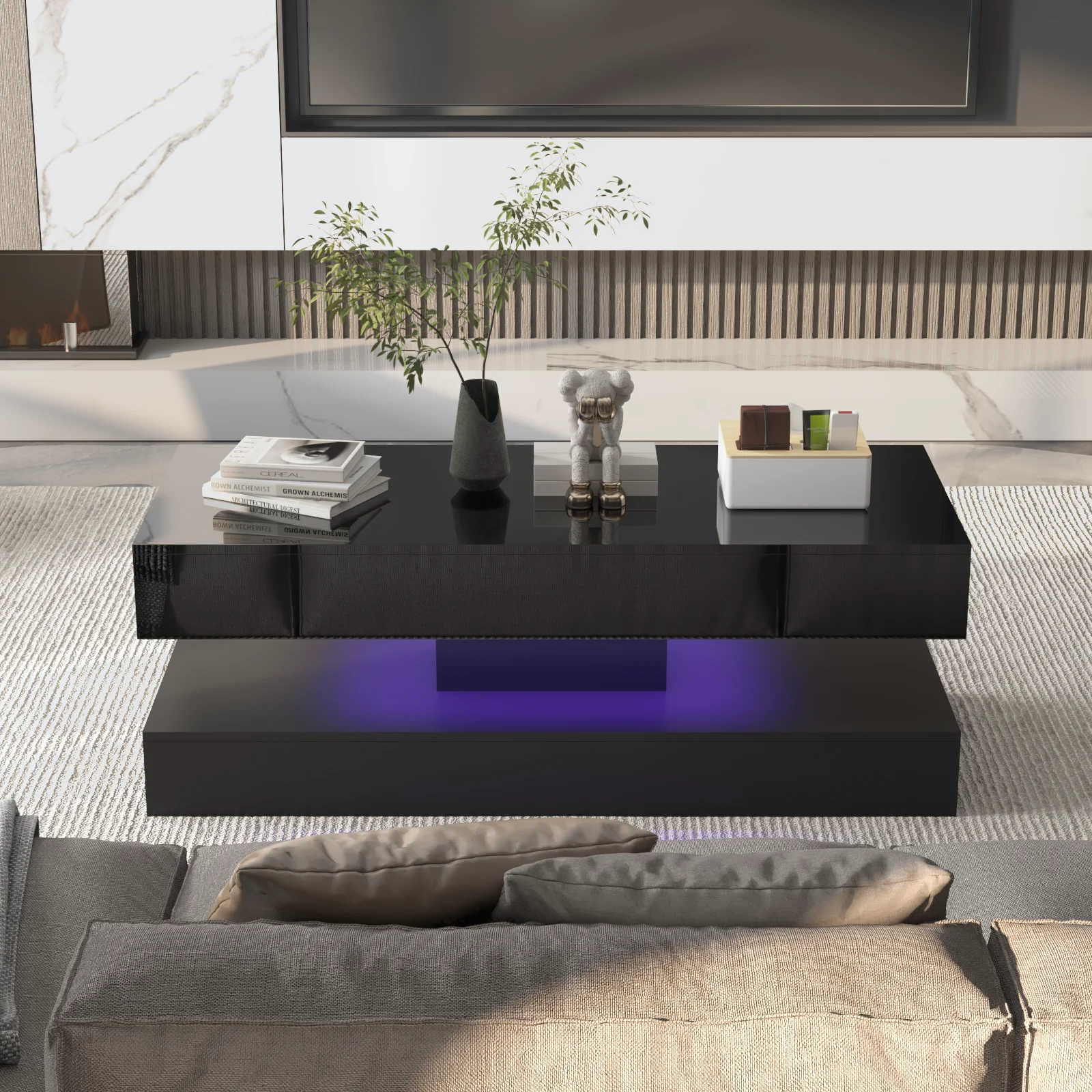 2 Tiers LED Coffee Table with 2 Storage Drawers, Modern High Gloss Rectangle Center Table with 20 Colors LED Lights, APP Control