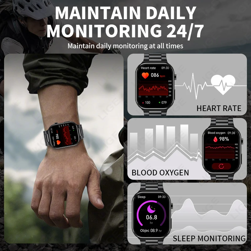 LIGE Men Smart Watch Bluetooth Call Heart Rate Blood Oxygen Monitor 3ATM Waterproof Sports Smartwatch Men For Android IOS 2025