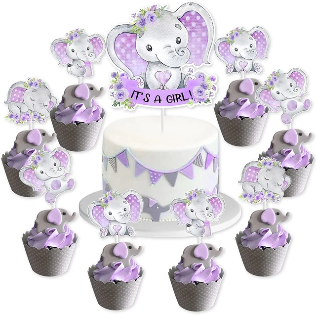 25 pezzi elefante Baby Shower decorazioni per torte viola è una ragazza Baby  Shower Cake Cupcake