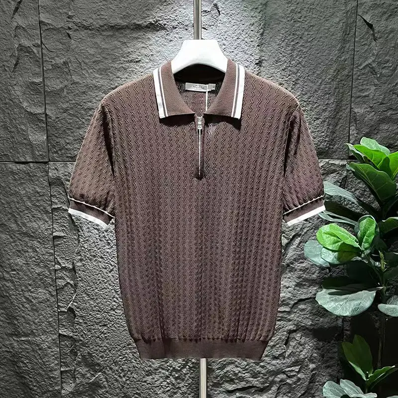 Men's Knitted Jacquard Polo Shirt Casual Stripe Turn-down Collar Zipper Solid Short Sleeve Tees Shirt Breathable Luxury Clothing 8 S3a40d78af4e348b98db6d58a5a128563t