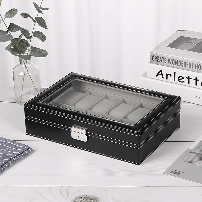 DELESYS Grey PU Leather 6/10/12 Slots Watch Box Watch Jewelry Storage Box Display Case For Holiday Gift
