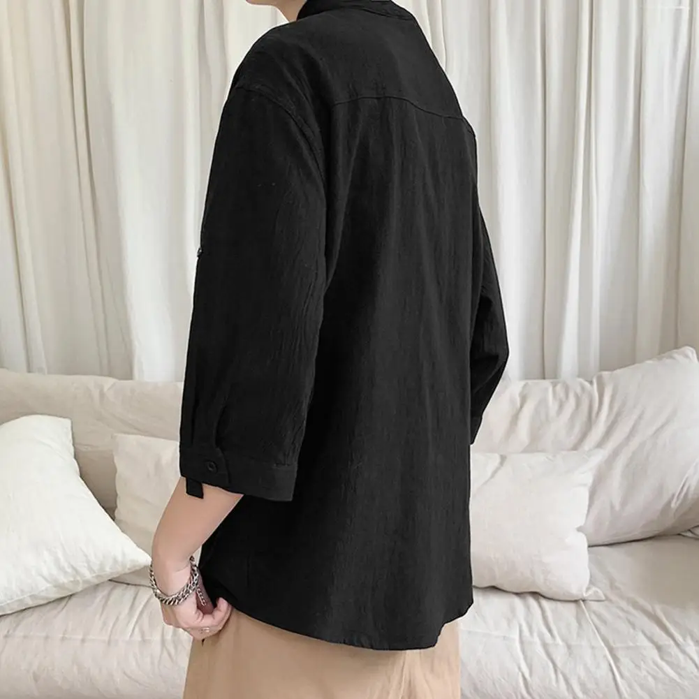 

Versatile Men Top Stylish Men's Stand Collar 3/4 Sleeve Shirt Solid Color Loose Fit Casual Workwear for A Trendy Look Men Stand