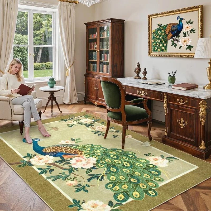 New Chinese Living Room Carpet Peacock Luxury Bedroom Plush Rugs Foldable Machine Washable Non-slip Sofa Coffee Table Mats Tapis