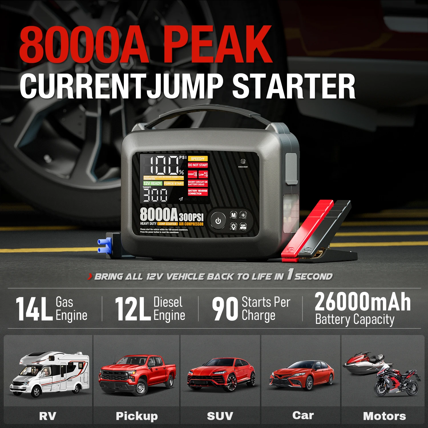 8000A Heavy Duty Car Jump Starter with Air Pump – Powerful 12V Car Battery Starter Booster and Auto Starting Device 1