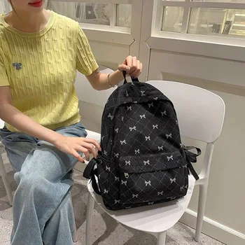 Zaino in velluto a coste stile coreano alla moda, grande capacità, con tracolla regolabile e stampa a fiocco, per studenti delle scuole superiori