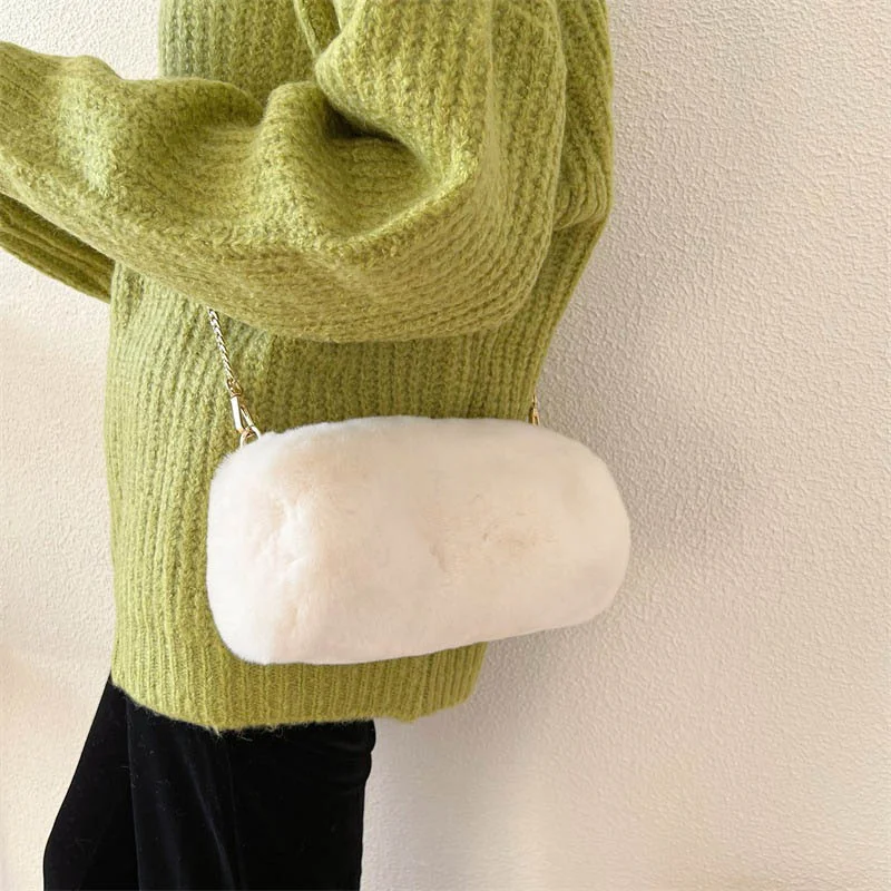 Women's New Crossbody Bag Retro Senior Sense Rex Rabbit Hair Cylinder Bag Fashion Chain One Shoulder Bag Charm Women's Bag