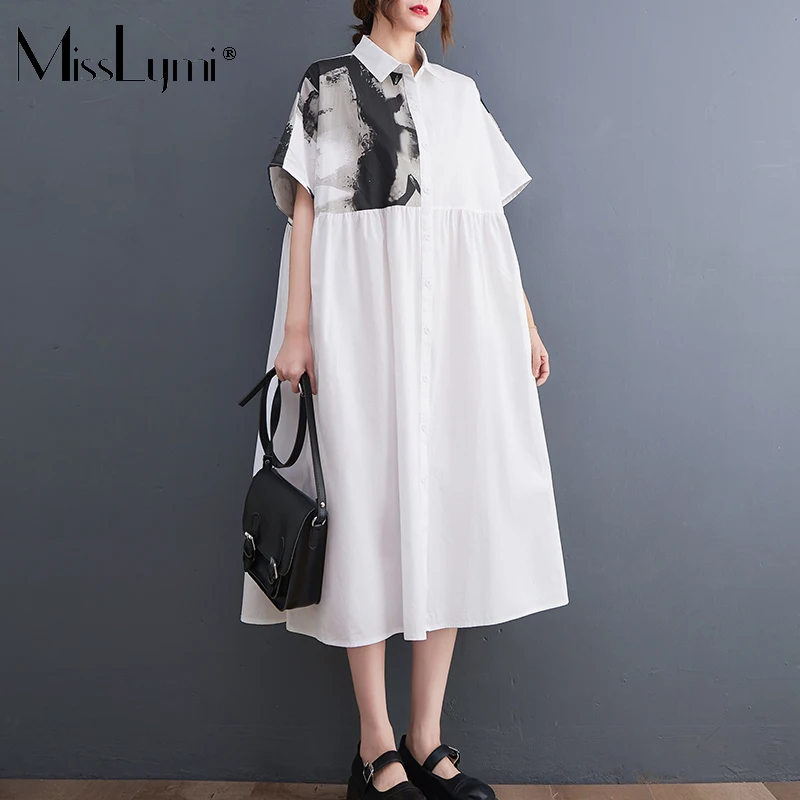 

MissLymi 2022 Big Size Summer Women Short Sleeve Retro Print Loose Shirt Dress Single Breasted Color Contrast Casual Long Dress