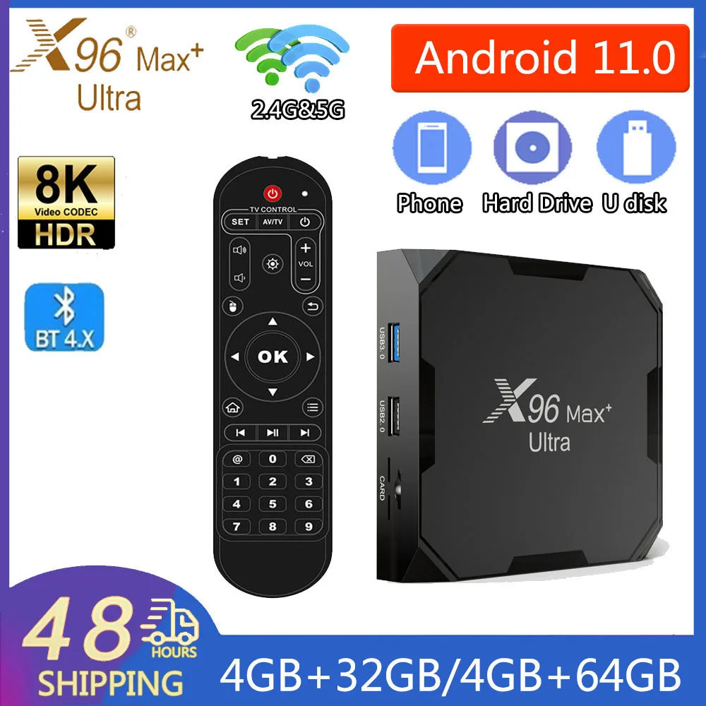 Приставка Смарт-ТВ X96 Max + Ultra Amlogic S905X4, Android 11,0, 2,4 ГГц и фото, двойной Wi-Fi AV1 8K BT4.0 HDR10 + смарт-медиаплеер, ТВ-приставка Приставка Смарт-ТВ X96 Max + Ultra Amlogic S905X4, Android 11,0, 2,4 ГГц и фото, двойной Wi-Fi AV1 8K BT4.0 HDR10 + смарт-медиаплеер, ТВ-приставка
