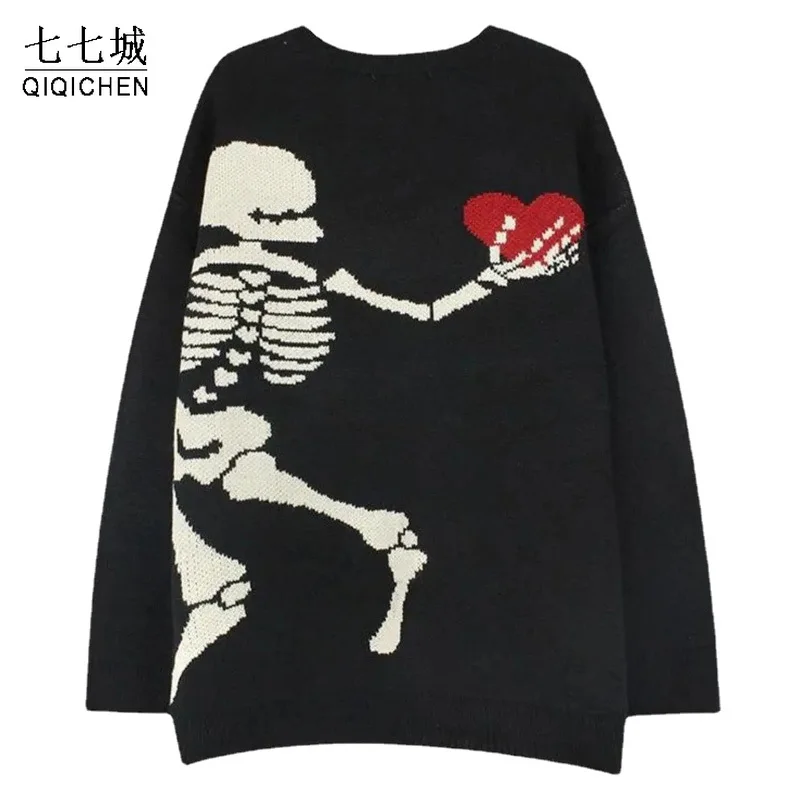 

Свитер мужской оверсайз в стиле хип-хоп, Y2K, винтажный свитер с черепом, скелетом, надписью «Hand hold Love», Забавный вязаный пуловер, Осенние Топы, уличная одежда унисекс
