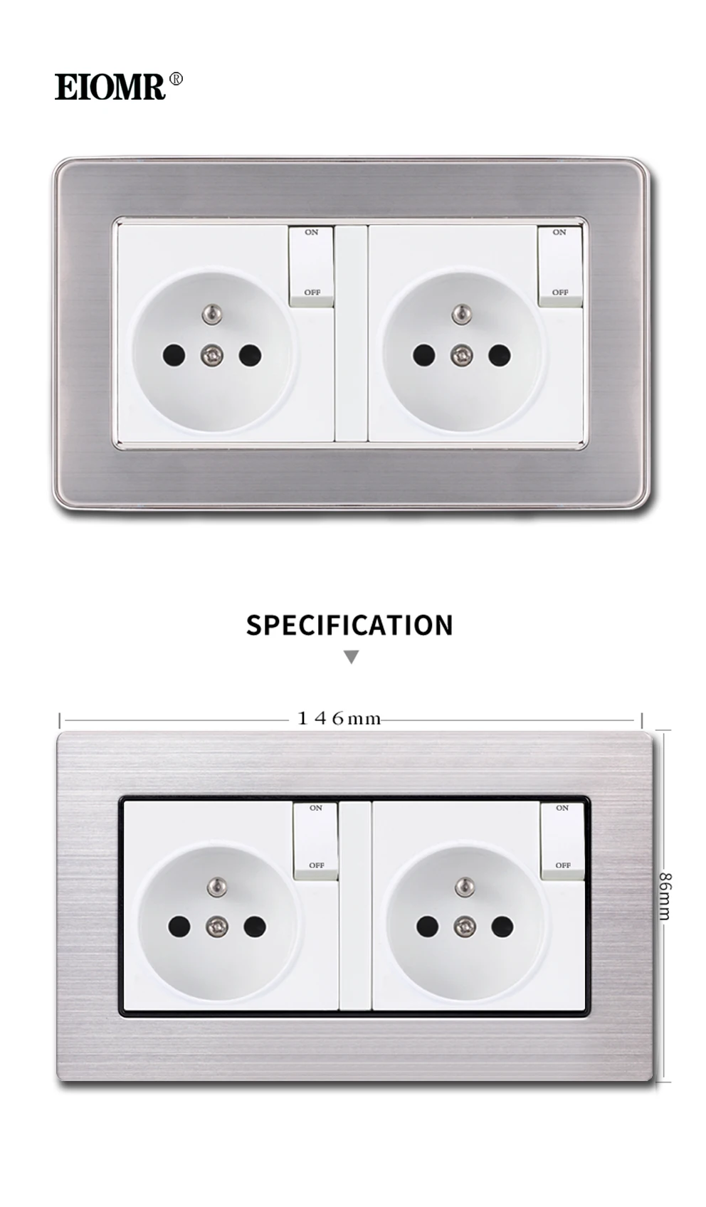 Description Picture 4 of itemEIOMR EU Standard Wall Socket 146*86mm Ground 16A 220V with Small Push Button Switch PC/Glass/Stainless Steel Panel Power Socket