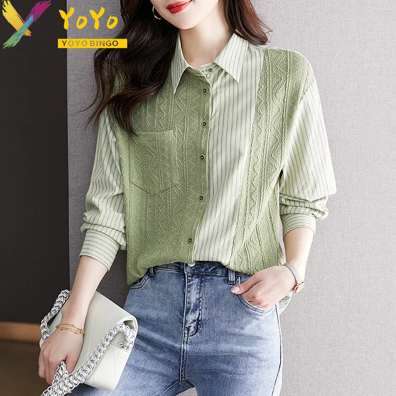 

New Fashion Autumn Green Stripe Elegant Pocket Long Sleeve Stitching Shirts Women Loose Casual Top Office Chic Work Wear Blouse