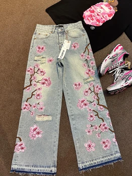 Y2k Harajuku Retro Jeans Men Women Hip Hop Cherry Blossom Embroidery Blue Loose Jeans Gothic Fashion Low Waist Wide Leg Pants 1