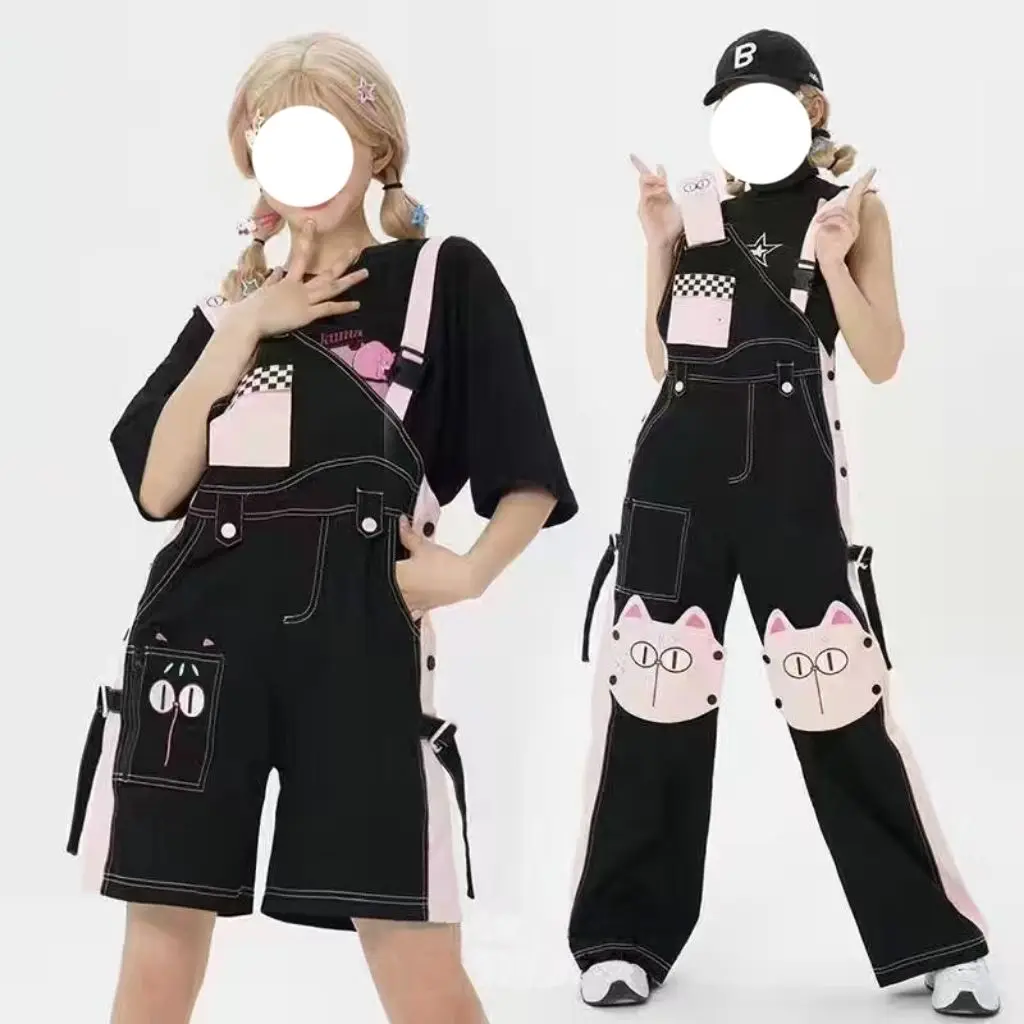 Black and Pink Strappy Pants for Teenage, Girlfriends Outfit, Cute Workwear, Denim Shorts, Japanese Harajuku Trousers, Summer