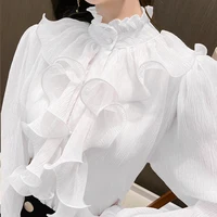 Chemisier en dentelle pour femmes, vêtements Vintage à volants, col montant, chemise en mousseline de soie blanche, manches longues bouffantes, hauts amples élégants, printemps automne 3