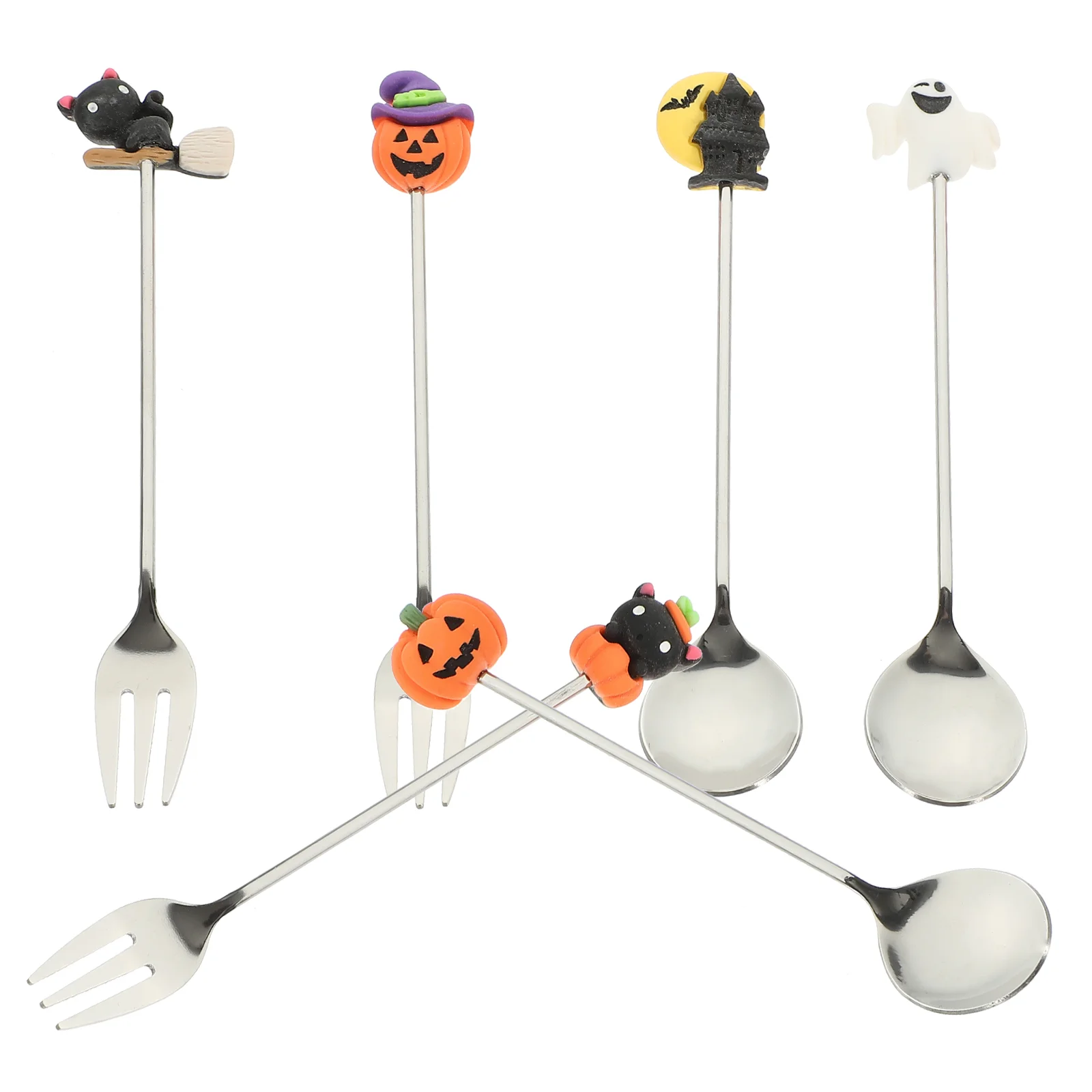 

Halloween Coffee Spoon Set Spooky Charm Pendant Pumpkin Black Cat Ghost Shape Dessert Teaspoon Fork Stirring Spoons Serving