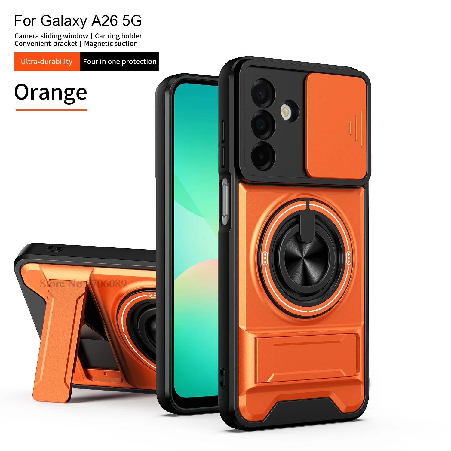 Rugged Shockproof Phone Case with Slide Lens Protector and Ring Holder