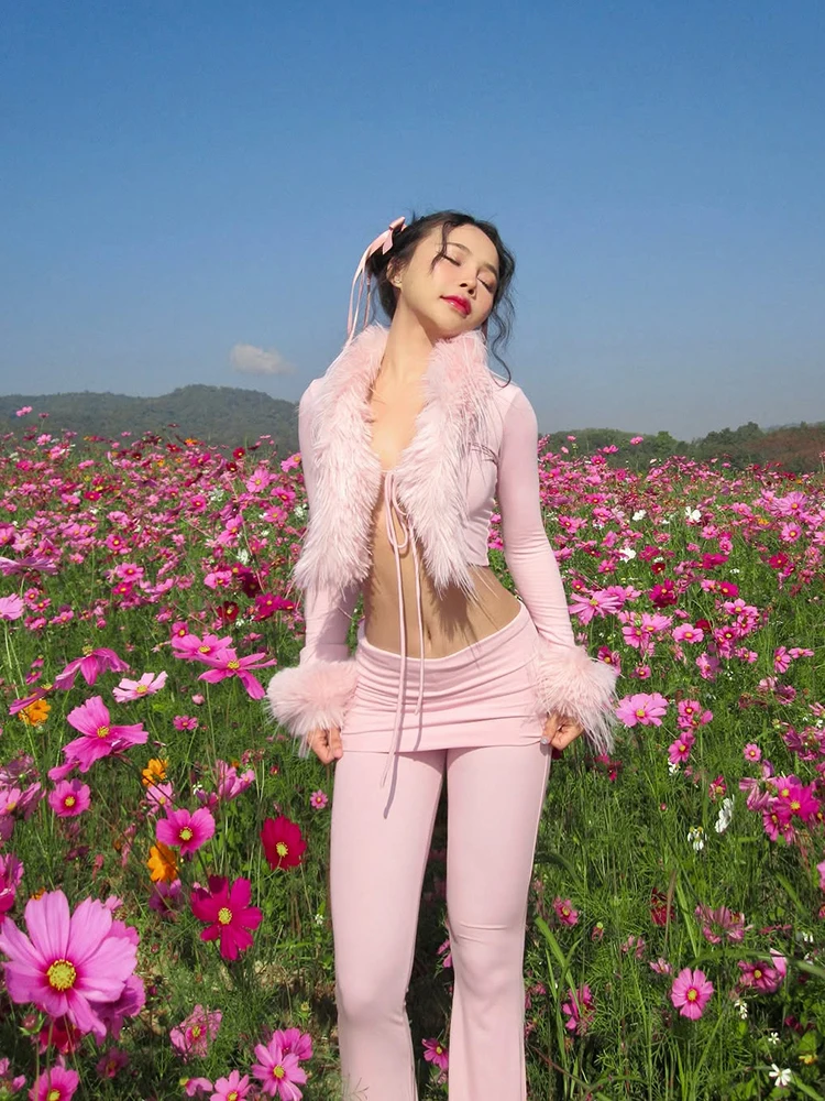 Nibber Sexy 2 Piece Set Women Patchwork Feather Bandages Bell sleeve Crop Top+Peach Hip Flare Pants Stretch Party Streetwear